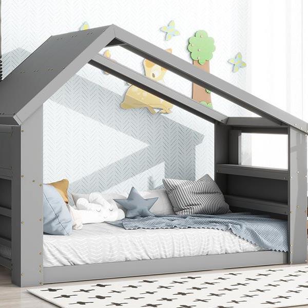 Twin House Floor Bed with Roof Window, LED Light,Grey