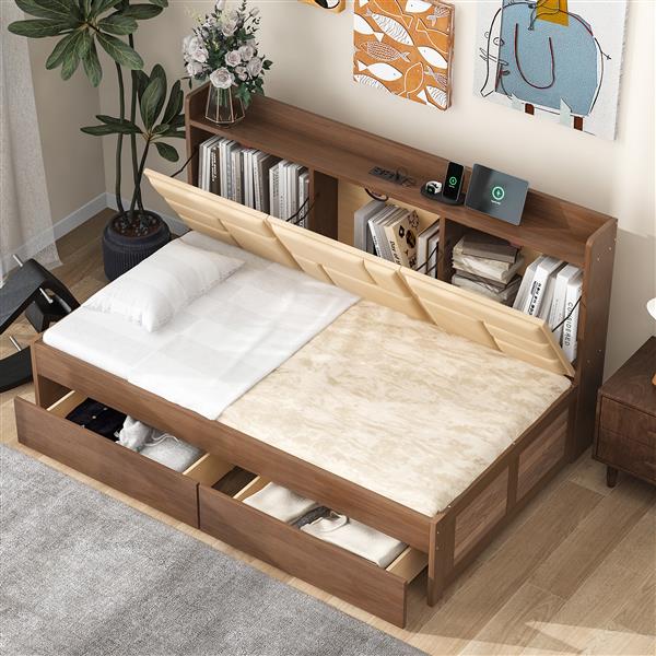 Twin Size Wood Daybed with Upholstered Storage Shelves, USB Ports and 2 Drawers, Wood Color