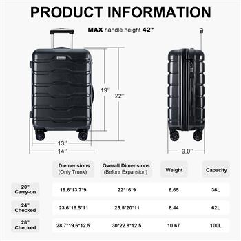 Luggage 3 Piece Sets with Spinner Wheels ABS+PC Lightweight TSA Lock (20\\'/24\\'/28\\'), Black