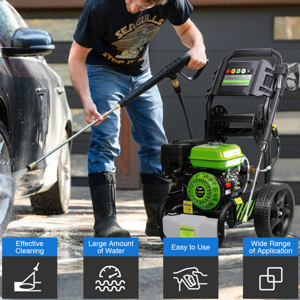 110V 2600PSI 4.8kW with drum winder, gasoline high-pressure cleaner, 5 nozzles+foam kettle