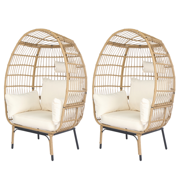 Wicker Egg Chair, Oversized Indoor Outdoor Lounger with Stand and Cushions for Patio Porch Backyard Living Room Balcony, Beige Rattan & Creamy White Cushion