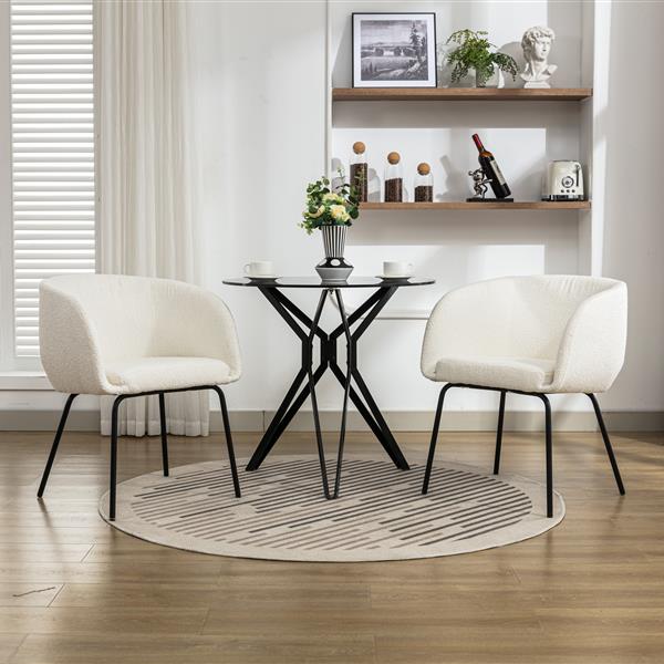 040-Set of 2 Boucle Fabric Dining Chairs With Black Metal Legs,Ivory