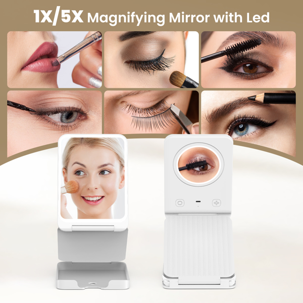 Travel Makeup Mirror with Lights, Portable Vanity Mirror with 5X Lighted Magnification, 3 Color Lights, 1000mAh Battery, Freely Adjust Height and Angle(Ships from FBA warehouse, banned by Amazon)