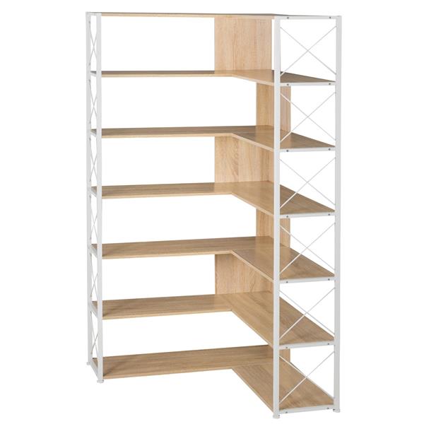 7-Tier Bookcase Home Office Bookshelf,  L-Shaped Corner Bookcase with Metal Frame, Industrial Style Shelf with Open Storage, MDF Board