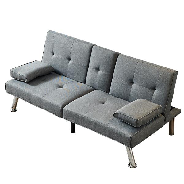 Linen Fabric Modern Sofa Bed Futon Couch Bed Folding Recliner Sleeper Reversible Loveseat Convertible Daybed, 2 Cup Holders, 3 Angles, Removable Armrests, Gray