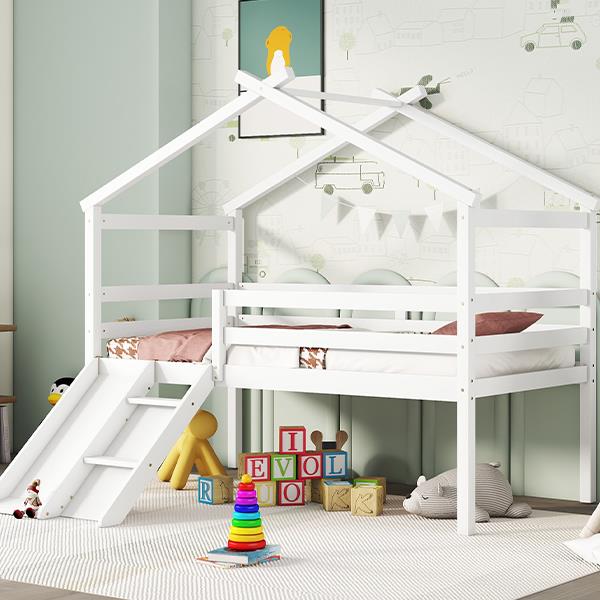 Twin Low Loft House Bed with Slide,  Ladder, Safety Guardrails, House Roof Frame,White