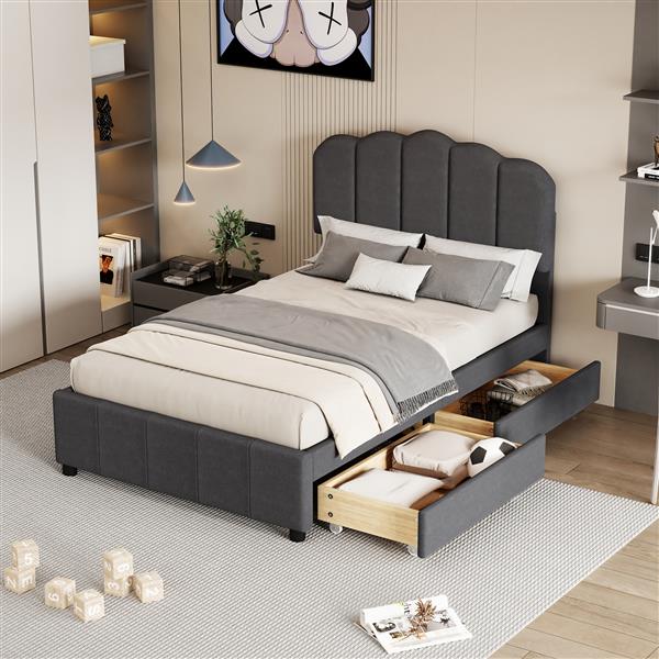 Twin Size Upholstered Bed with 2 Storage Drawers,Wood Slat Support, Gray