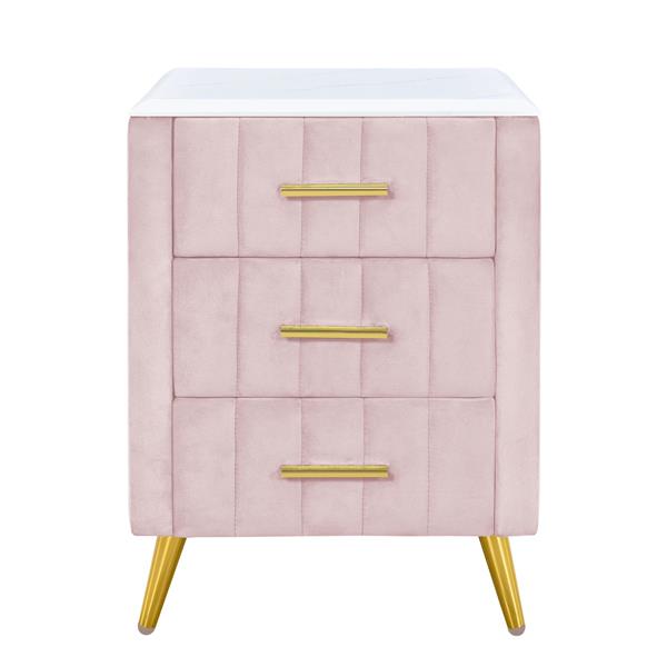 Upholstered Wooden Nightstand with 3 Drawers and Metal Legs&Handles,Fully Assembled Except Legs&Handles,Bedside Table with Marbling Worktop - Pink