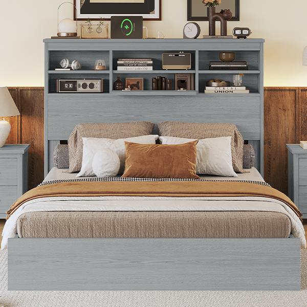 Queen Size Vintage Platform Bed,With Storage Headboard and Charging Station, Light Gray