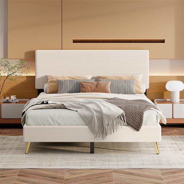 Queen Size Corduroy Upholstered Bed Frame, Platform Bed with Horizontal Stripe Headboard, No Box Spring Needed, Beige