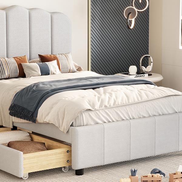 Twin Size Upholstered Bed with 2 Storage Drawers,Wood Slat Support, Beige