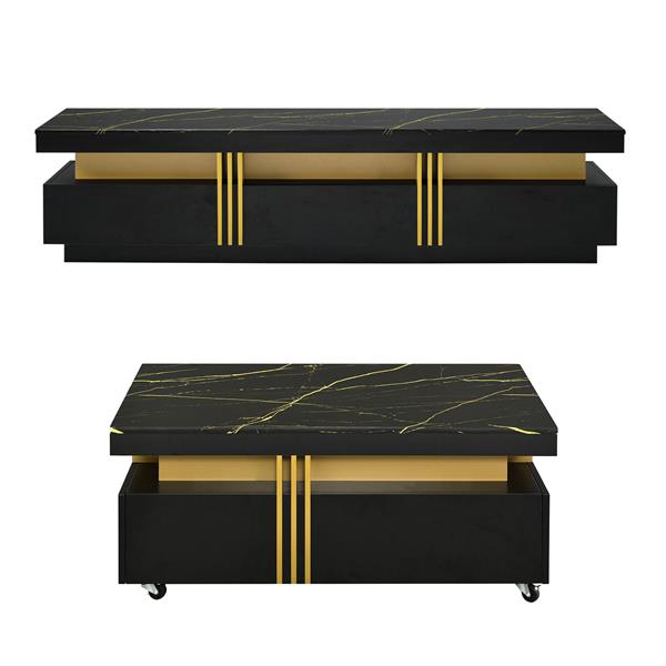 Modern Luxury TV Stand and Coffee Table Set of 2, High Gloss Faux Marble Top, TV Stand for TVs Up to 78'', Rectangle Coffee Table with Caster Wheels for Living Room, Black