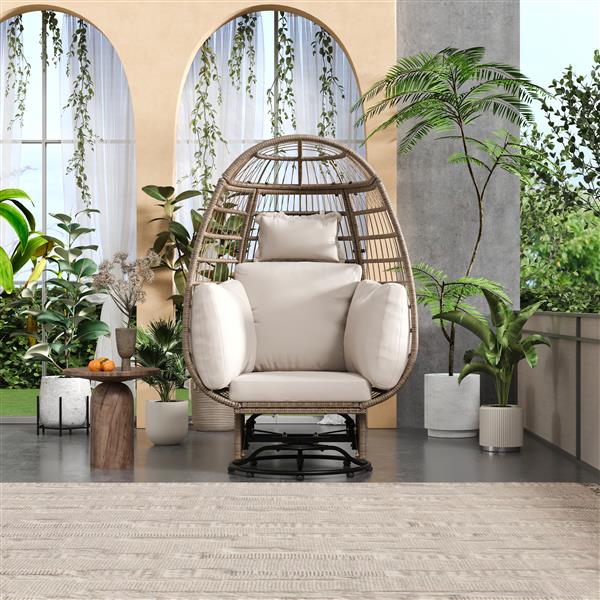 Outdoor Swivel Chair with Cushions, Rattan Egg Patio Chair with Rocking Function for Balcony, Poolside and Garden (Natural Wicker + Beige Cushion)