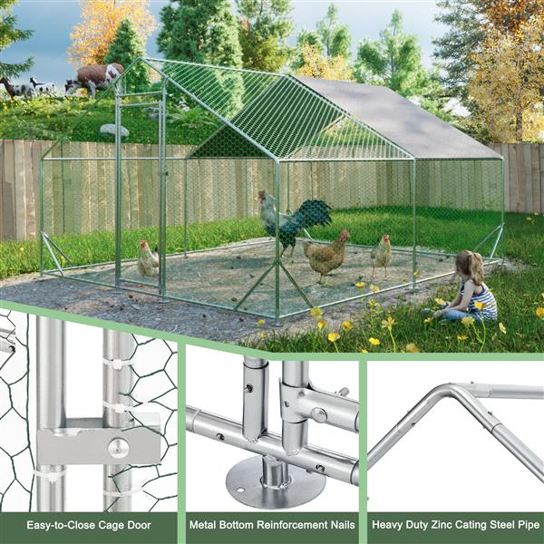 Large Metal Chicken Coop, Walk-in Chicken Run,Galvanized Wire Poultry Chicken Hen Pen Cage, Rabbits Duck Cages with Waterproof and Anti-Ultraviolet Cover for Outside(10' L x 13 W x 6.56' H)