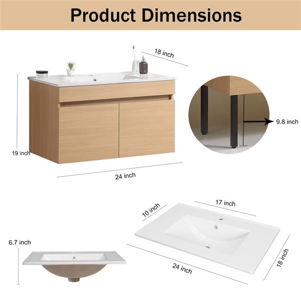 24 Inch Wall Mounted Bathroom Vanity with White Ceramic Basin,Two Soft  Close Cabinet Doors, Solid Wood,Excluding faucets,Light Oak