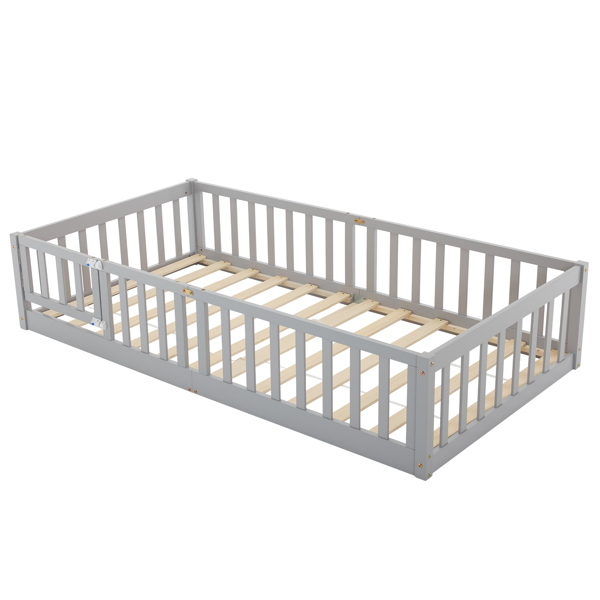 Fence Bed With Door With Board Grey Painted Pine Twin Children's Bed