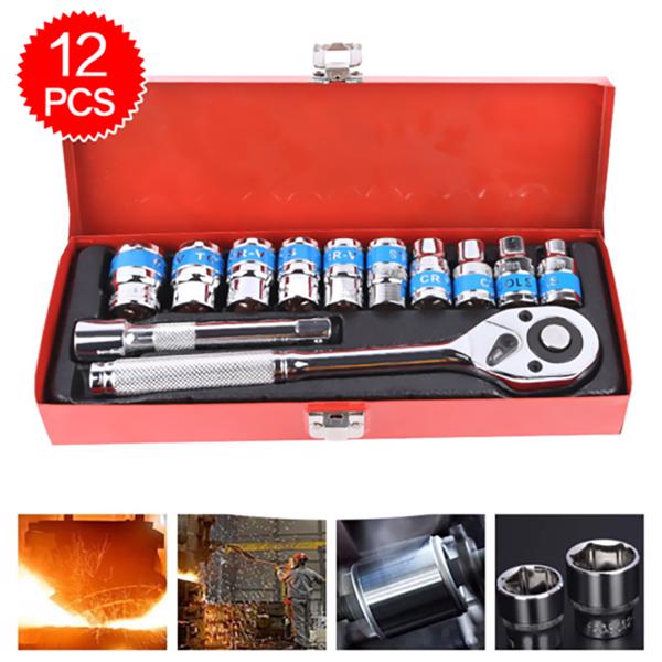 12PCS 1/2'' Socket Set 10-24mm Steel Case Metric Drive Extension Ratchet Wrench