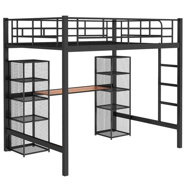 Full Size Metal Loft Bed with Built-in Desk and Shelves, Black+Brown