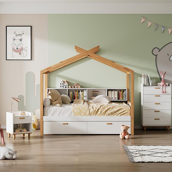 White Twin Size Wooden House Bed Original Wood Colored Frame with Two Drawers and Bookshelf Storage Space for Children or Guest Room