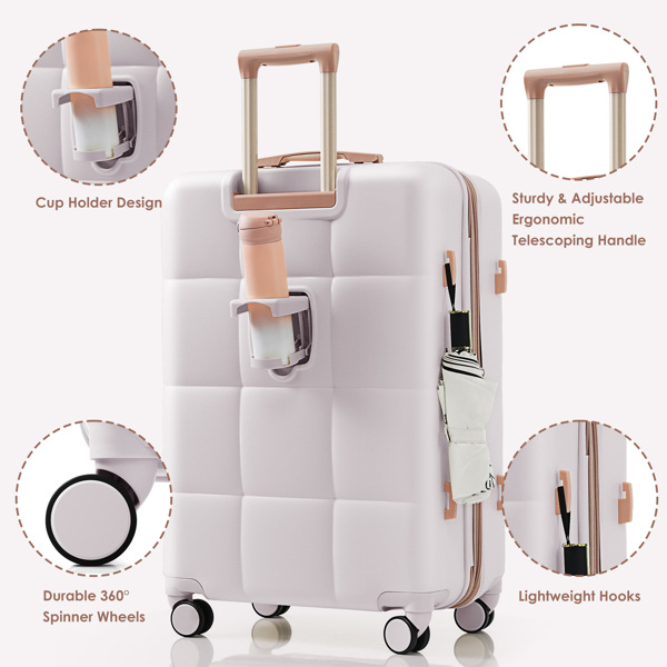 Luggage Set of 3, 20-inch with USB Port, Airline Certified Carry-on Luggage with Cup Holder, ABS Hard Shell Luggage with Spinner Wheels, light grey 