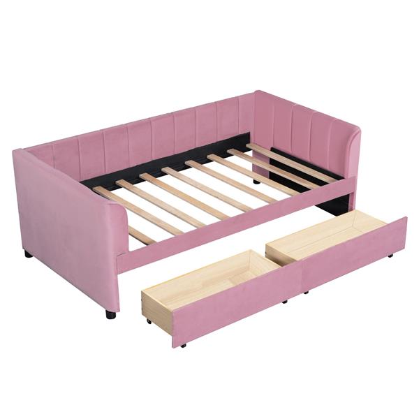 Twin Size Upholstered Daybed with Ergonomic Design Backrest and 2 Drawers, Pink