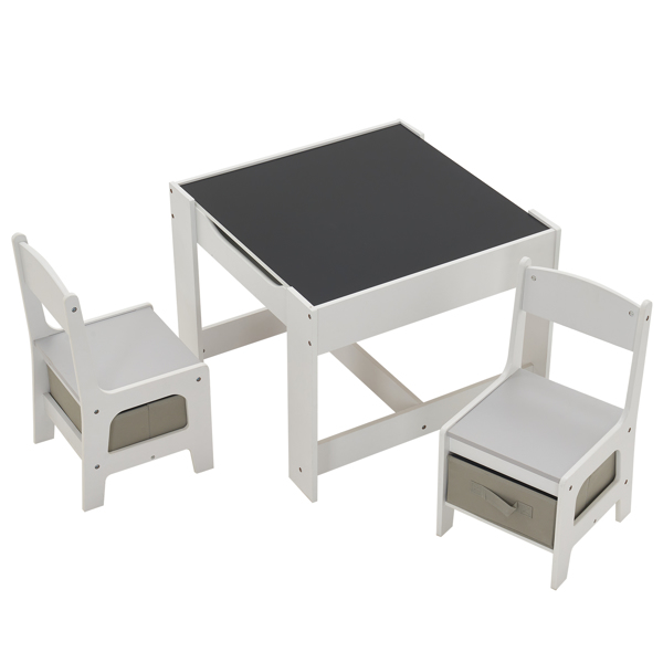 Children's Wooden Table And Chair Set With Two Storage Bags (One Table And Two Chairs) Grey And White