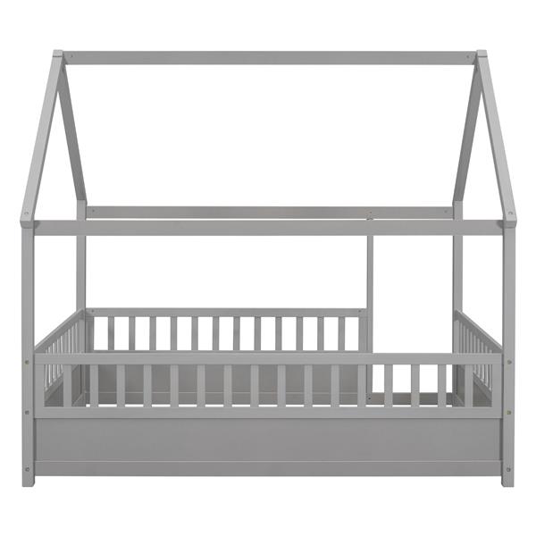 Full Size Floor Wooden Bed with House Roof Frame, Fence Guardrails,Grey