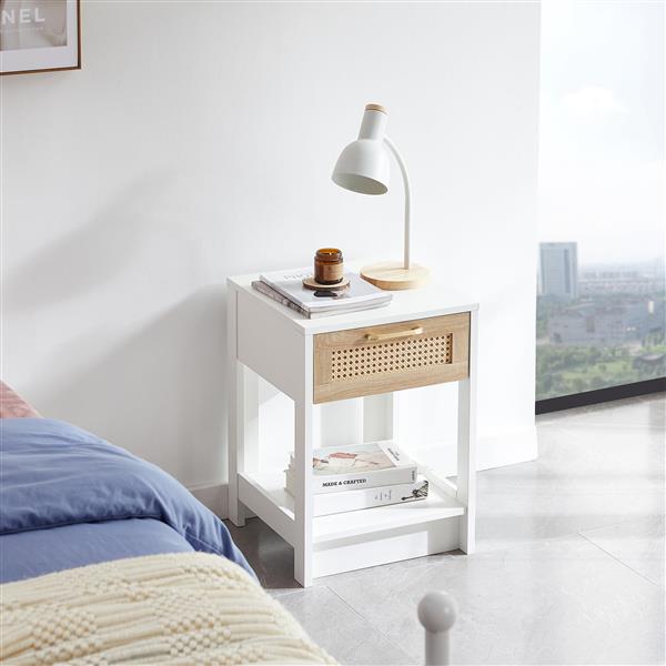 15.75" Rattan End table with  drawer, Modern nightstand, side table for living room, bedroom,white