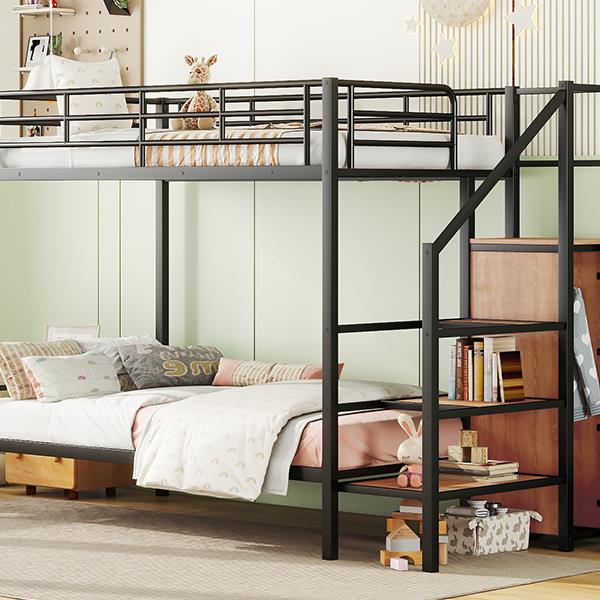 Twin Over Twin Metal Bunk Bed with Lateral Storage Ladder and Wardrobe, Black