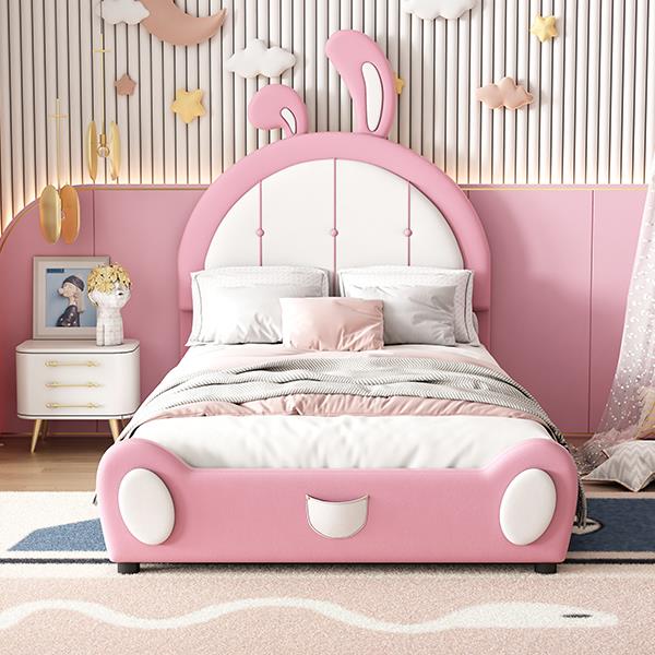 Twin Size Upholstered Platform Bed with Rabbit Shaped Headboard, Pink