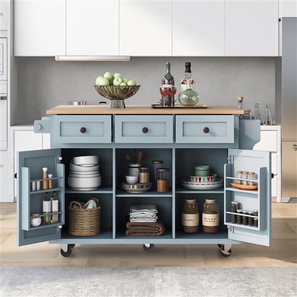 Kitchen Cart with Rubber wood Drop-Leaf Countertop ,Cabinet door internal storage racks,Kitchen Island on 5 Wheels with Storage Cabinet and 3 Drawers for Dinning Room, Grey Blue