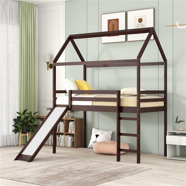 Twin Loft Bed with Slide, House Bed with Slide,Gray