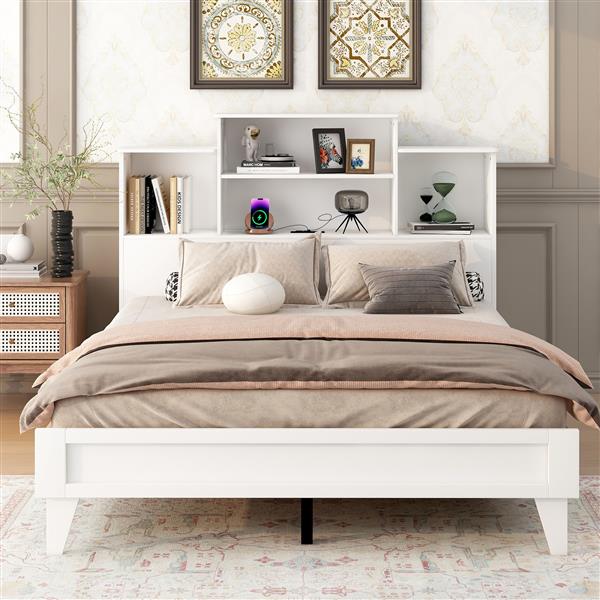 Queen Size Storage Platform Bed Frame with 4 Open Storage Shelves and USB Charging Design,White