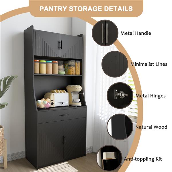 71" Kitchen Storage Cabinet with Charging Station,with 2 Outlets & 1USB  1Type-C Ports,Pantry with 2 Cabinet ,1 large storage drawer& 1 Large Countertop