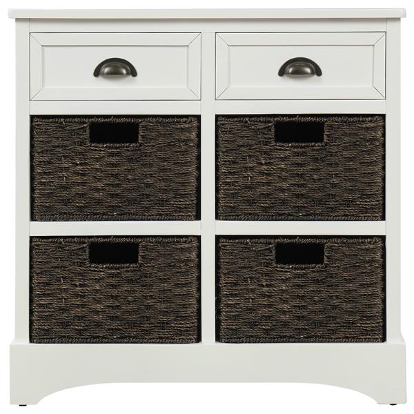 Rustic Storage Cabinet with Two Drawers and Four  Classic Rattan Basket for Dining Room/Living Room (White)