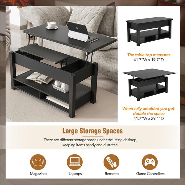 [VIDEO provided] Lift Top Coffee Table, Multi-Functional Coffee Table with Open Shelves, Modern Lift Tabletop Dining Table for Living Room, Home Office, Black