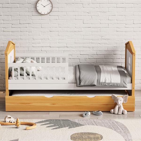 Twin Size House Shape Bed with Trundle Wooden Bed for Girls Boys Teens, No Box Spring Needed, Walnut and White