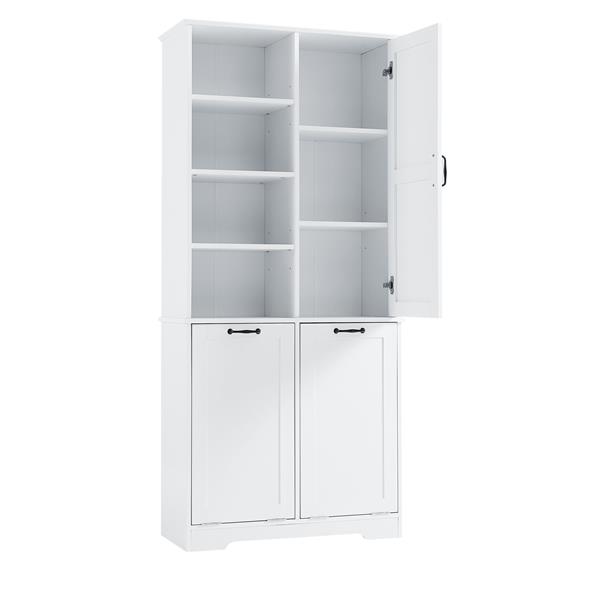 Bathroom Storage Cabinet with Doors and Drawers, Tilt-Out Laundry Hamper, Multiple Storage Space, Freestanding Style, Open Shelve, Adjustable Shelf, White