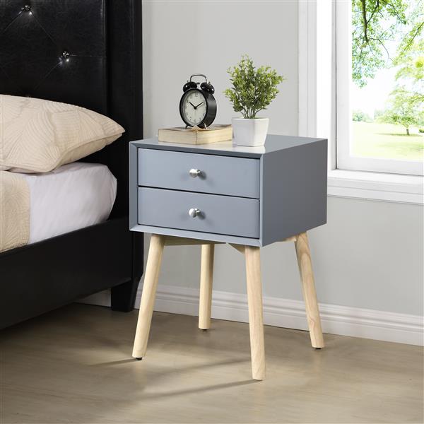 Side Table,Bedside Table with 2 Drawers and Rubber Wood Legs, Mid-Century Modern Storage Cabinet for Bedroom Living Room, Gray