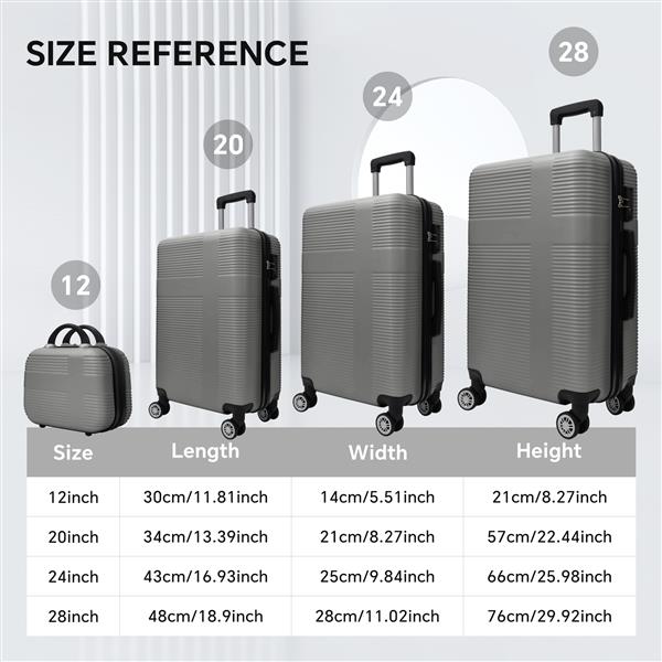 Luggage 4 Piece Set with Spinner Wheels, Hardshell Lightweight Suitcase with TSA Lock,Checked Luggage,Silver+Gray(12/20/24/28in)