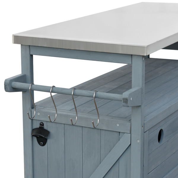 Outdoor Kitchen Island, Rolling Bar Cart & Storage Cabinet, Farmhouse Solid Wood Outdoor Grill Table with Stainless Steel Top, Spice Rack , Towel Rack for Kitchen & BBQ , Grey Blue