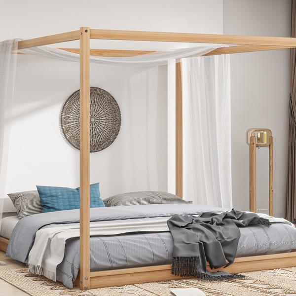 King Size Canopy Platform Bed with Support Legs, Natural