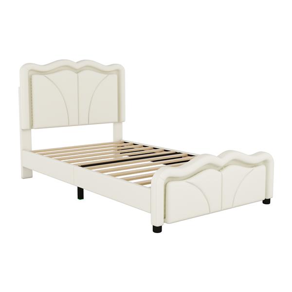 Twin Size Upholstered Platform Bed with Curve Shaped and Height-adjustbale Headboard,LED Light Strips,White