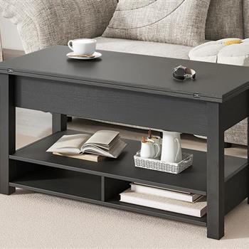 [VIDEO provided] Lift Top Coffee Table, Multi-Functional Coffee Table with Open Shelves, Modern Lift Tabletop Dining Table for Living Room, Home Office, Black