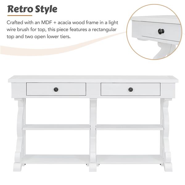 Retro Console Table/Sideboard with Ample Storage, Open Shelves and Drawers for Entrance, Dinning Room, Living Room (Antique White)