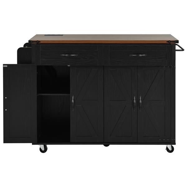 53.5''Farmhouse Kitchen Island with Power Outlet, Kitchen Storage Island with Drop Leaf, Spice Rack and Drawer, Rolling Kitchen Cart on Wheels, for Home, Kitchen and Dining Room, Black