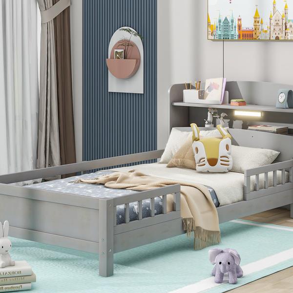 Wood Twin Size Platform Bed with Built-in LED Light, Storage Headboard and Guardrail, Antique Grey