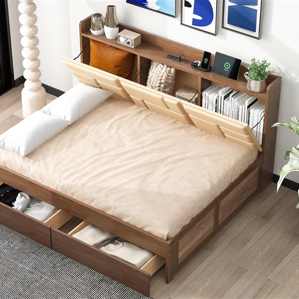 Full Size Wood Daybed with Upholstered Storage Shelves, USB Ports and 2 Drawers, Wood Color