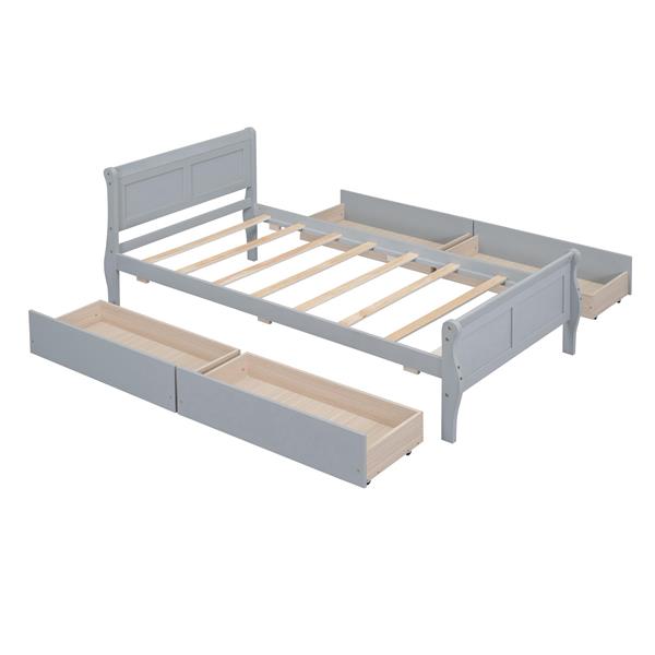 Twin Size Wood Platform Bed with 4 Drawers and Streamlined Headboard & Footboard, Gray