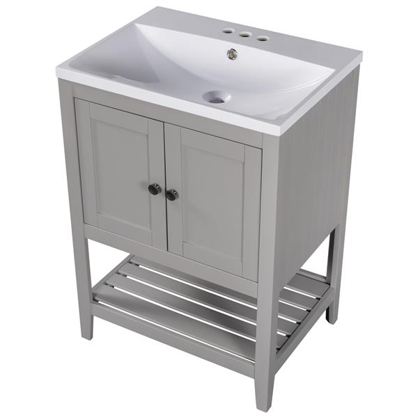 [VIDEO] 24" Grey Modern Sleek Bathroom Vanity Elegant Ceramic Sink with Solid Wood Frame Open Style Shelf